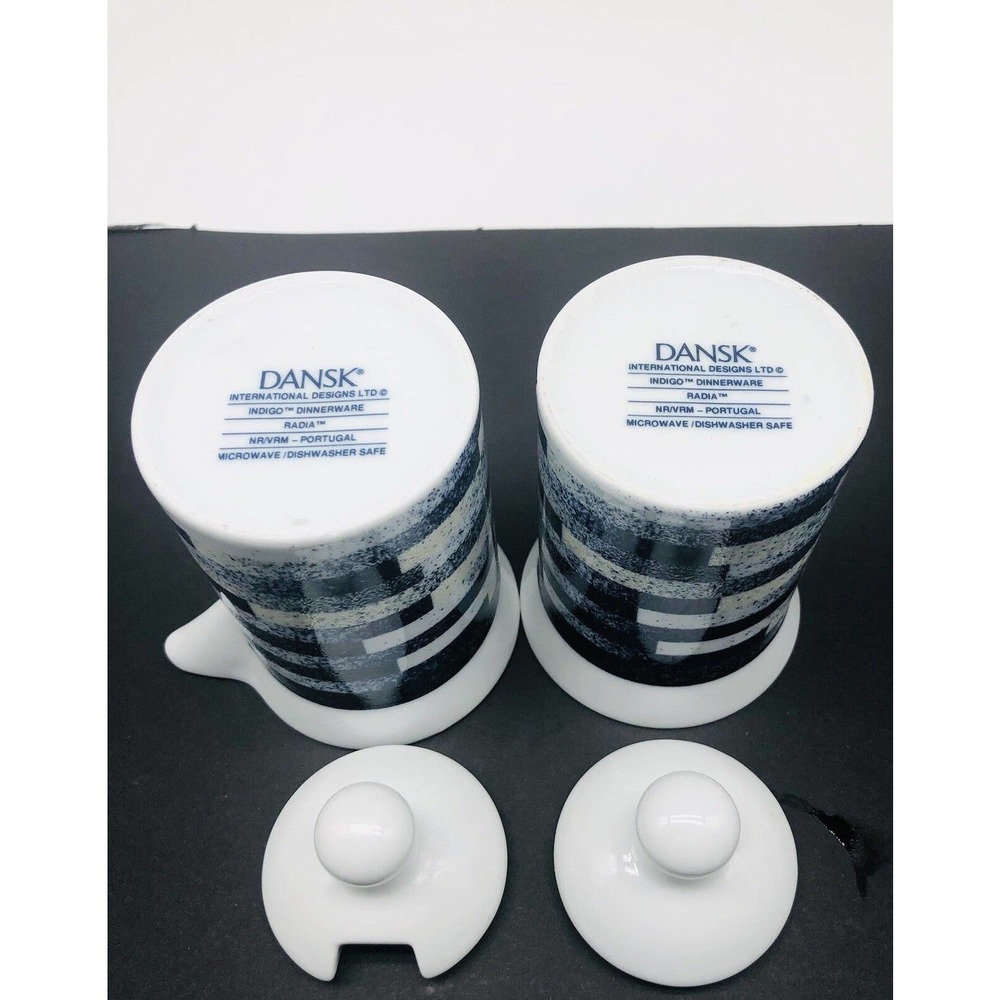 DANSK Radia INDIGO Sugar & Creamer With Lids 2 Mugs Cups Blue White Coffee A1 - Picture 6 of 8